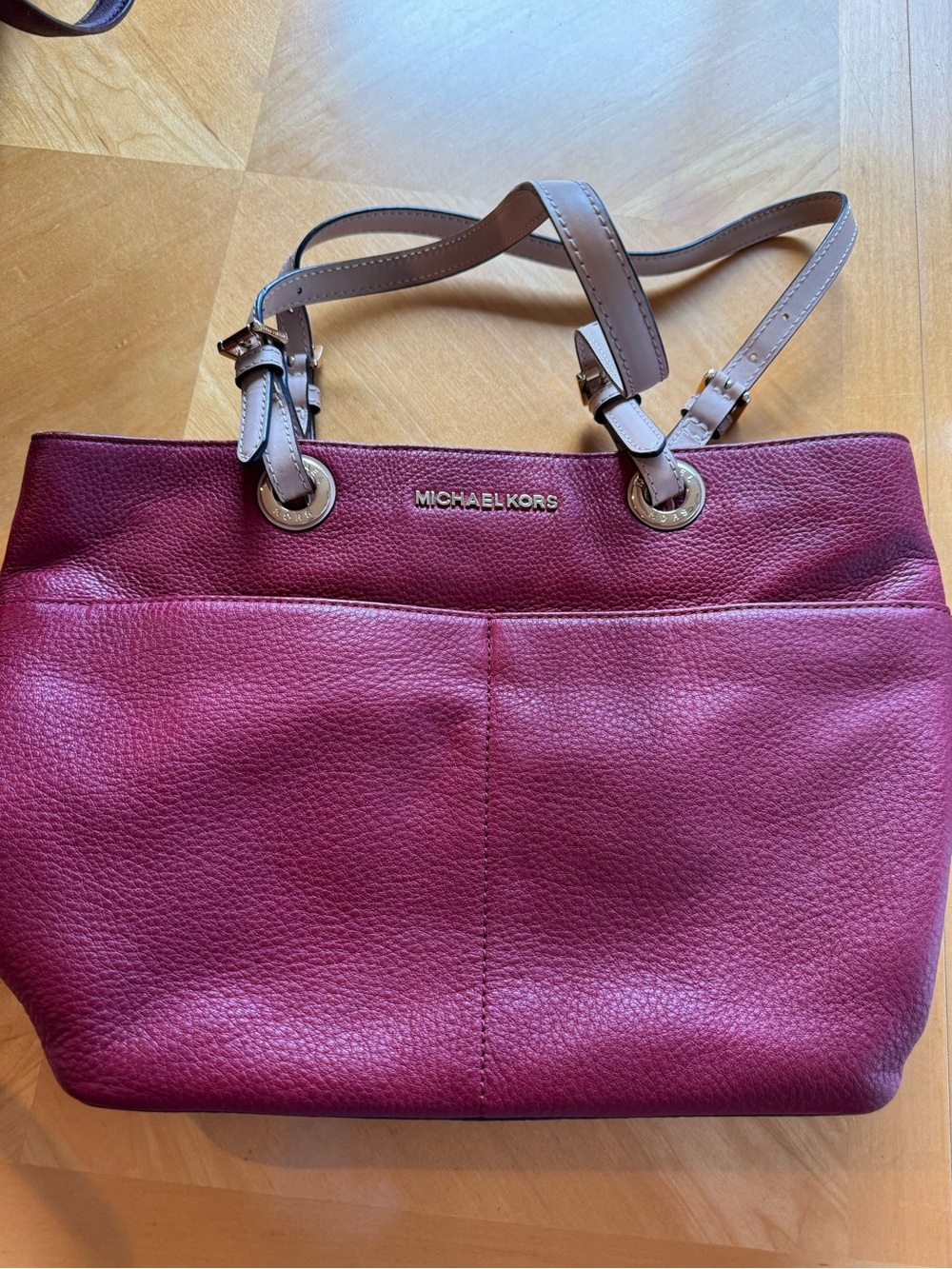 Michael Kors Pebbled Leather Tote in Berry with Taupe Straps